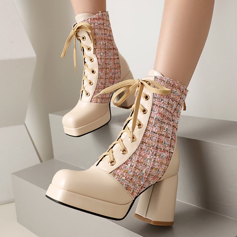 Winter Fashion Thick Bottom Square Head 40-47 Plus Size Stitching Lace Low Tube Shoes - Image 5