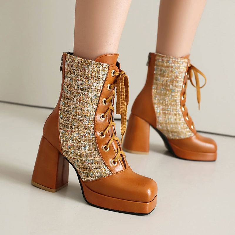 Winter Fashion Thick Bottom Square Head 40-47 Plus Size Stitching Lace Low Tube Shoes - Image 4