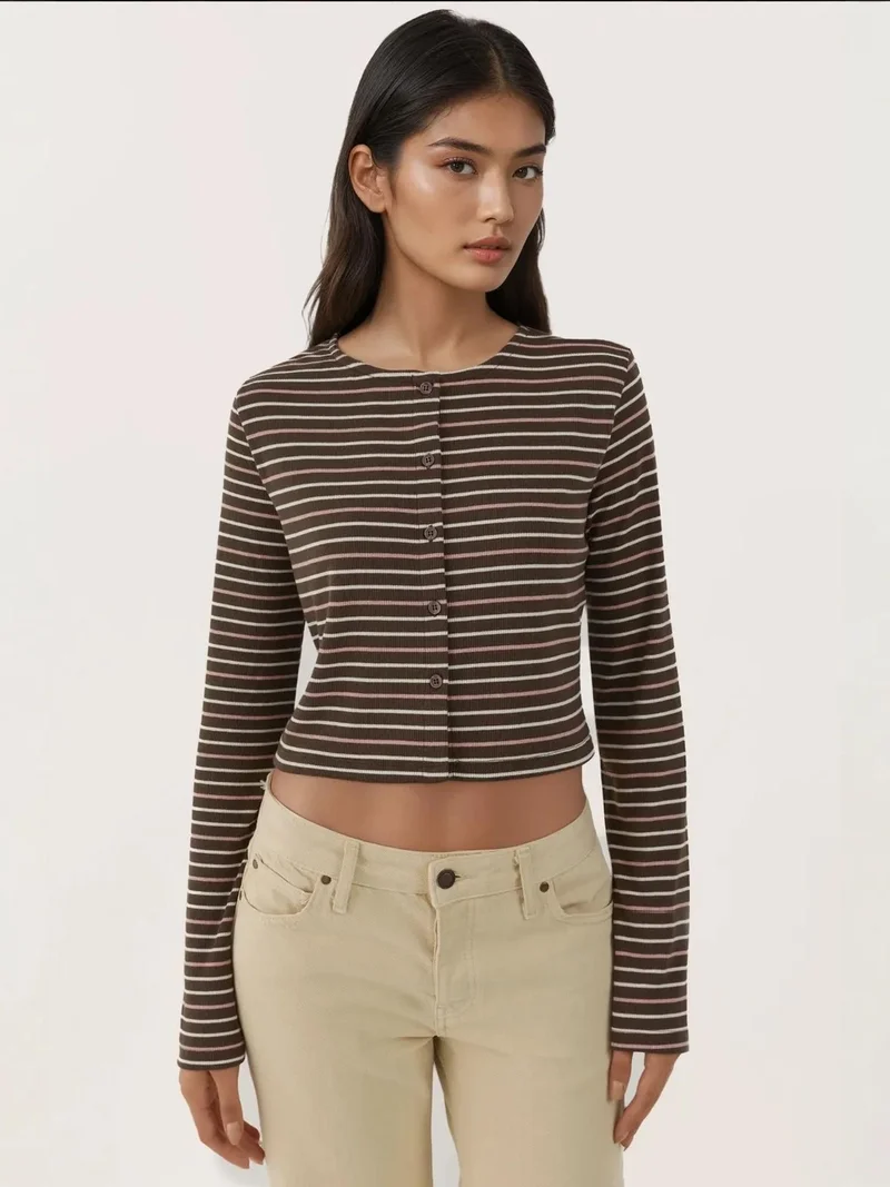 HICCUP Crew Neck Basic Viscone Blended Buttoned Top