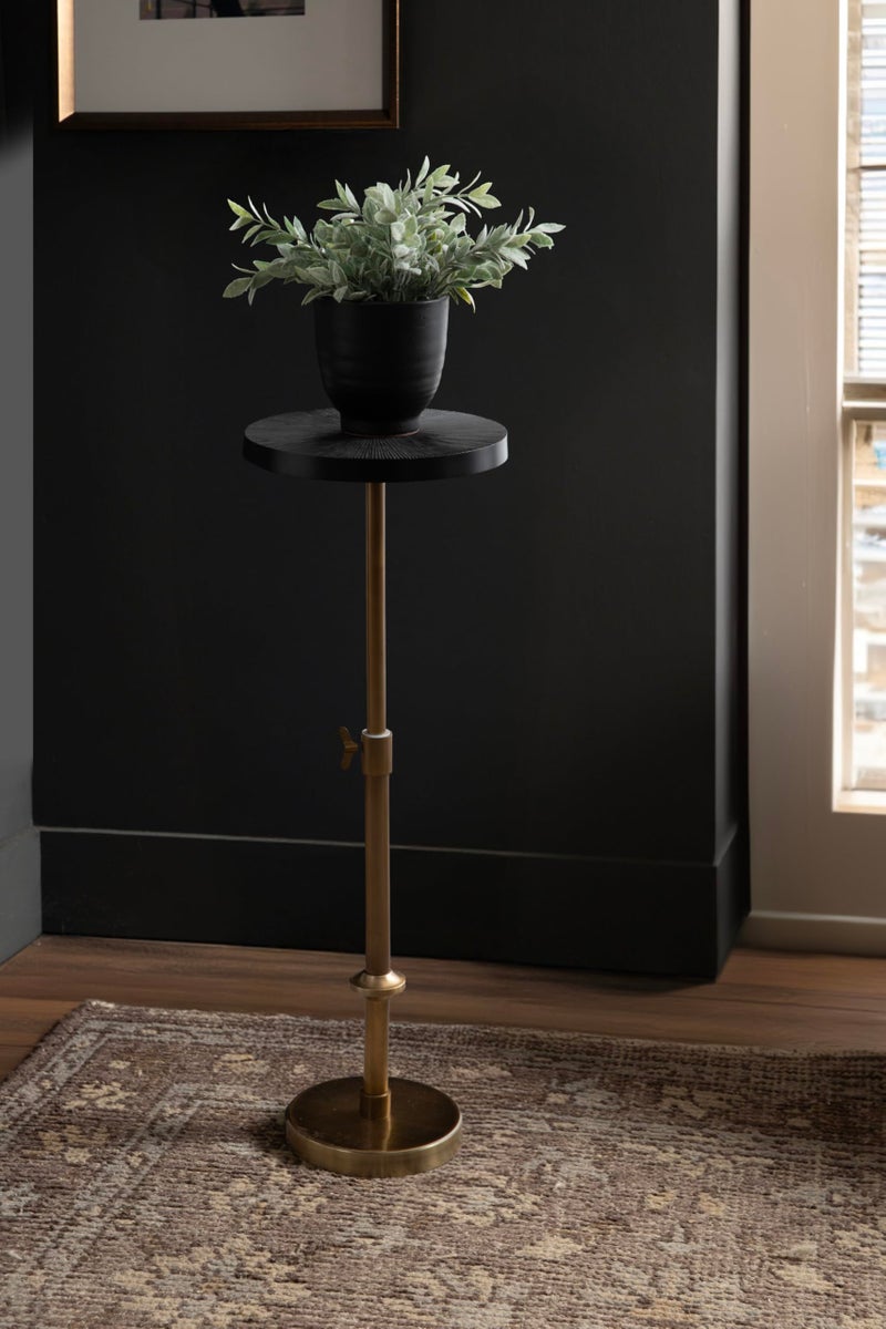 Kate and Laurel Engles Traditional Adjustable-Height Pedestal Drink Table, 10 x 10 x 30, Antique Brass and Black, Vintage Round Indoor Metal Plant Stand with Embossed Sunburst Pattern - Image 4