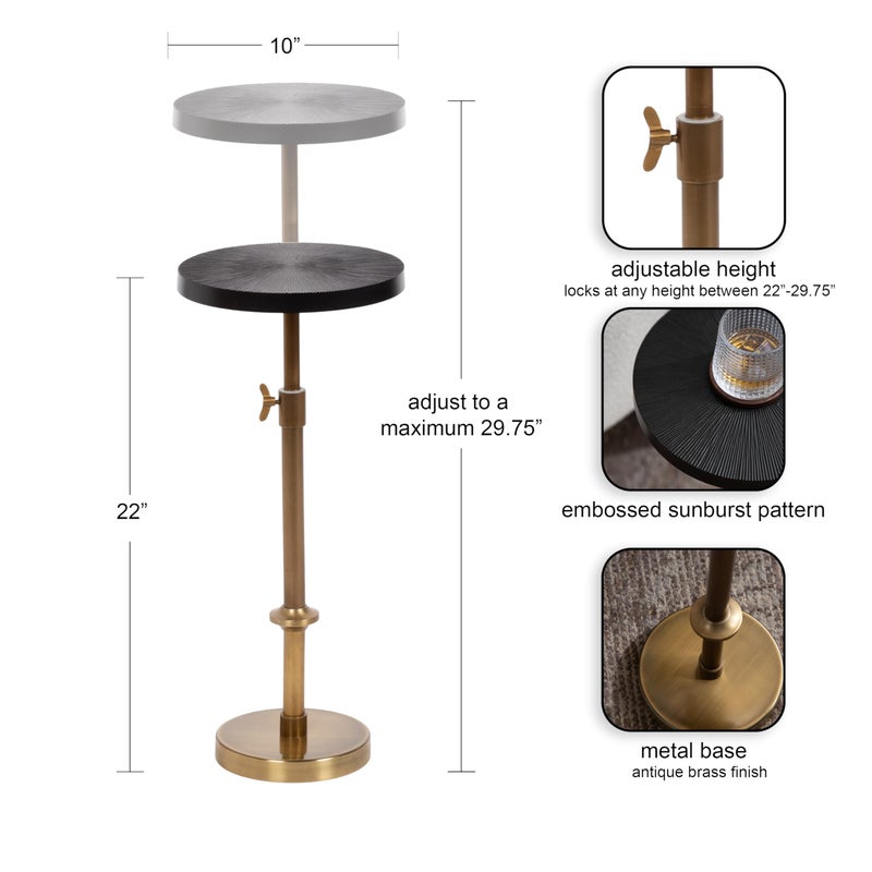 Kate and Laurel Engles Traditional Adjustable-Height Pedestal Drink Table, 10 x 10 x 30, Antique Brass and Black, Vintage Round Indoor Metal Plant Stand with Embossed Sunburst Pattern - Image 2
