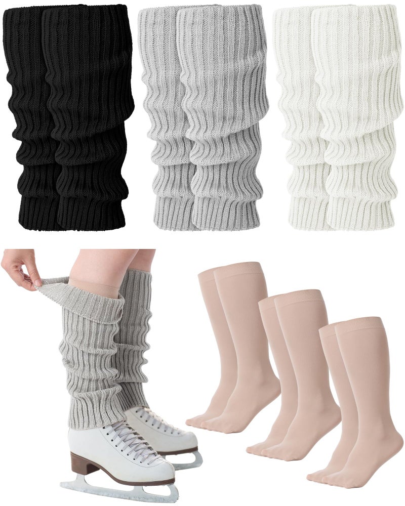 Chuarry 6 Pairs Skating Leg Warmer Sets for Women Girls Knit Long Leg Warmers Socks Calf Socks Set for Ice Figure Skating(Black White Gray Nude,Stripe Style) - Image 1