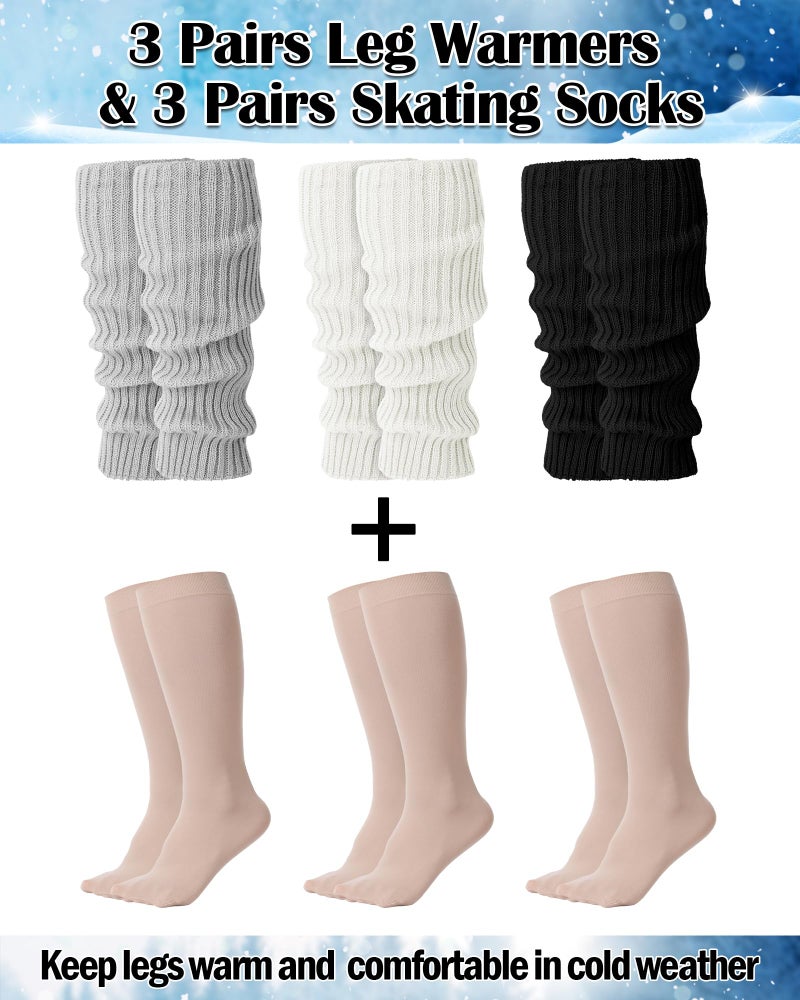 Chuarry 6 Pairs Skating Leg Warmer Sets for Women Girls Knit Long Leg Warmers Socks Calf Socks Set for Ice Figure Skating(Black White Gray Nude,Stripe Style) - Image 2