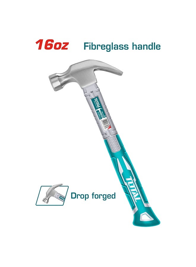 توتال تولز مطرقة مخلبية توتال ١٦ أونصة - رأس مطروق | مطرقة شديدة التحمل ٤٥٠ غرام بمقبض من الألياف الزجاجية | فولاذ كربوني معالج حرارياً ٤٥# للنجارة والبناء - Image 2
