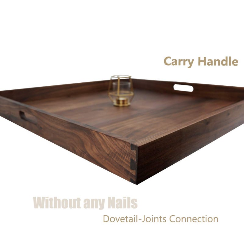 MAGIGO 28 x 28 Inches Extra Large Square Black Walnut Wood Ottoman Tray with Handles, Serve Tea, Coffee Classic Wooden Decorative Serving Tray - Image 3