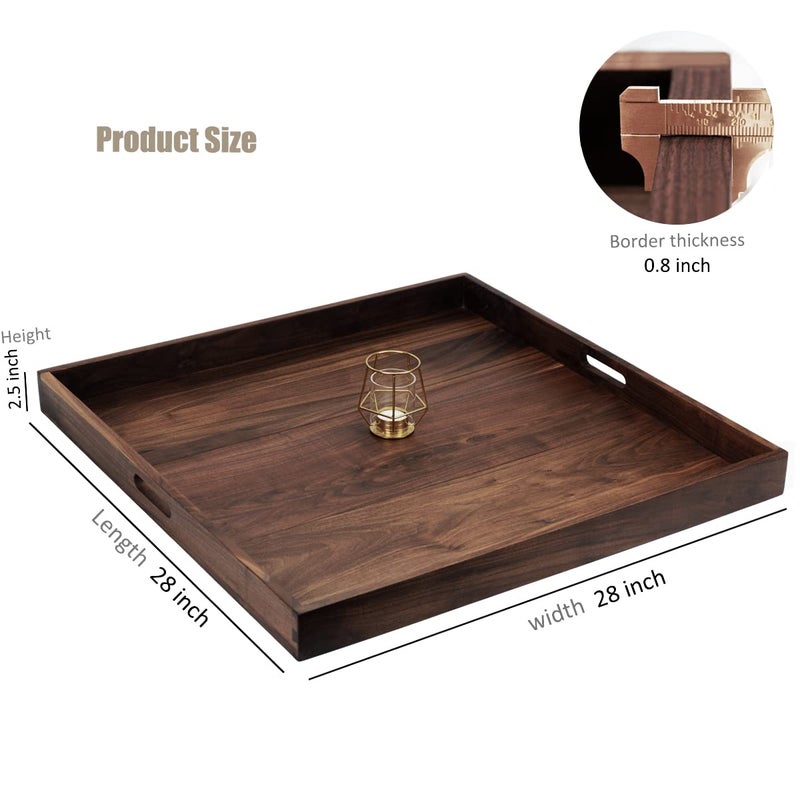 MAGIGO 28 x 28 Inches Extra Large Square Black Walnut Wood Ottoman Tray with Handles, Serve Tea, Coffee Classic Wooden Decorative Serving Tray - Image 2