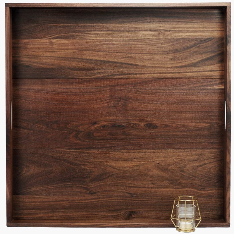 MAGIGO 28 x 28 Inches Extra Large Square Black Walnut Wood Ottoman Tray with Handles, Serve Tea, Coffee Classic Wooden Decorative Serving Tray - Image 1