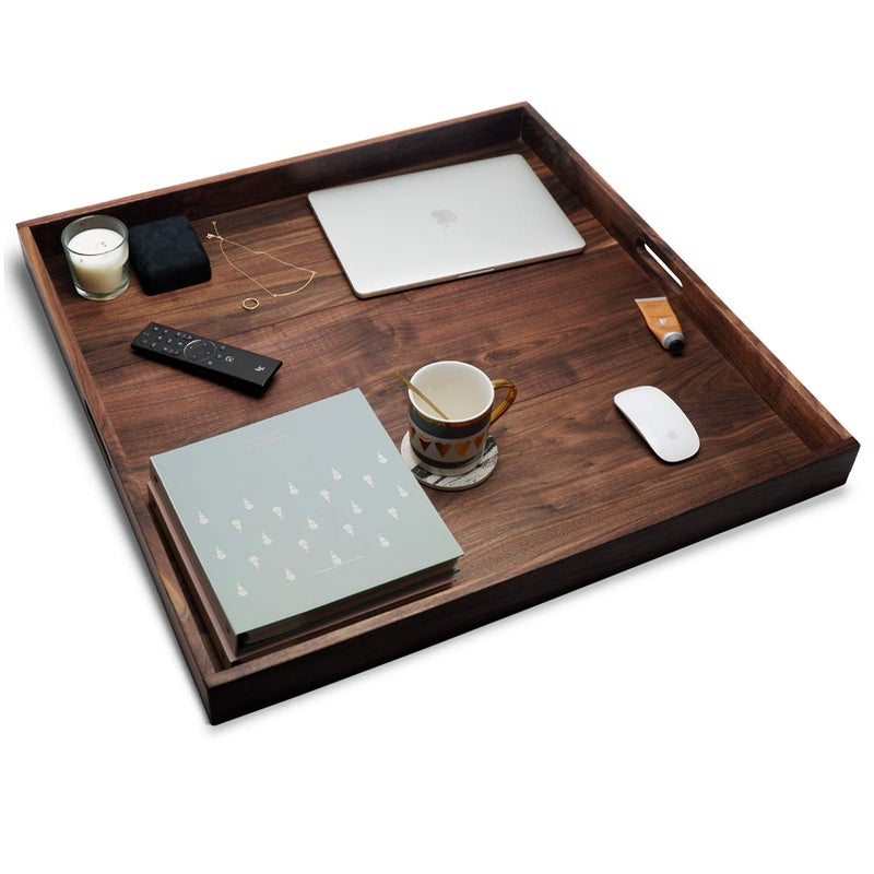 MAGIGO 28 x 28 Inches Extra Large Square Black Walnut Wood Ottoman Tray with Handles, Serve Tea, Coffee Classic Wooden Decorative Serving Tray - Image 5