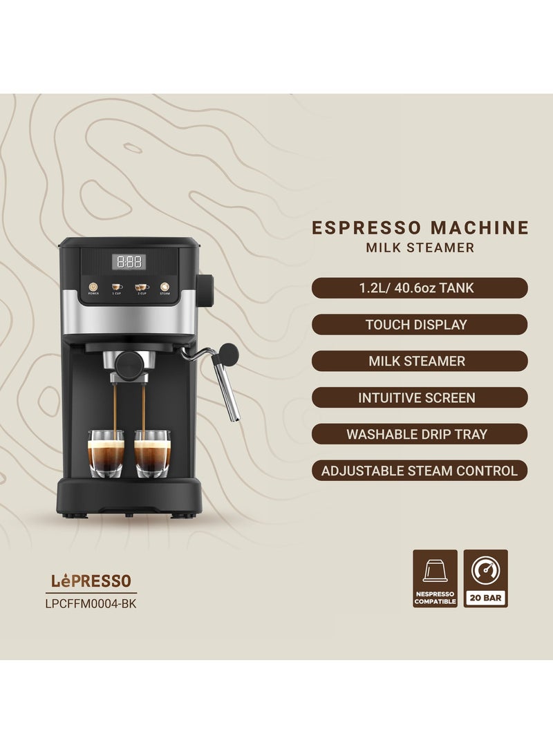 LePRESSO Suprema Espresso Coffee Machine with Milk Frother and Touch Display 1.2L Water Tank, 1100W Coffee Maker, Washable Drip Tray, Nespresso Compatible, 20 Bar Pressure, Milk Steamer - Black - Image 2