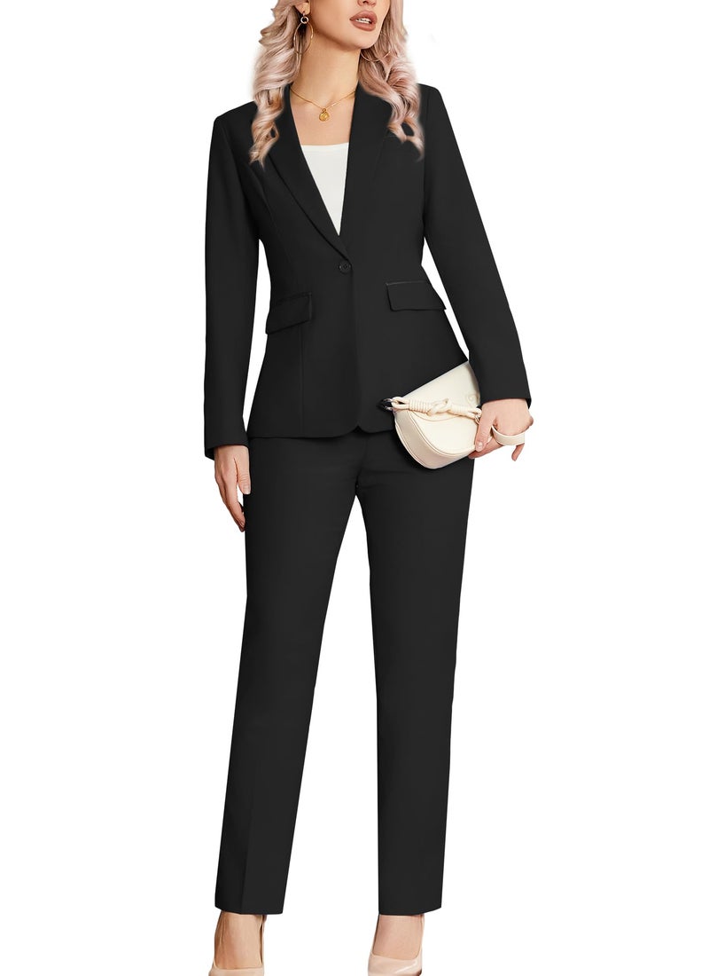 Kelyaa Womens 2 Pieces Suit Notched Lapel One Button Slim Fit Business Office Work Tuxedo Blazer Pants Set Black