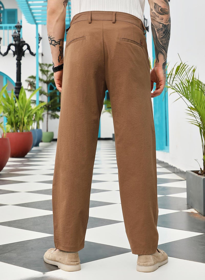 Campus Sutra Campus Sutra Men's Mousse Brown Double-Pleated Tailored Trousers | Mid-Rise , Straight Hem , Conceal Button Closure , Relaxed-Fit | Solid Plain | Polyester Blend Trouser For Casual Wear - Image 5