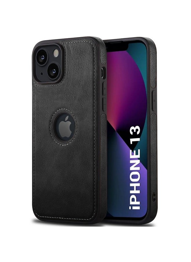 ذا جيفت كارت غطاء خلفي من الجلد الأصلي من TheGiftKart لهاتف iPhone 13 | تصميم مقاوم للصدمات | حواف مرتفعة لحماية الكاميرا والشاشة | غطاء خلفي بتصميم بسيط مذهل لهاتف iPhone 13 (أسود)  - Image 1