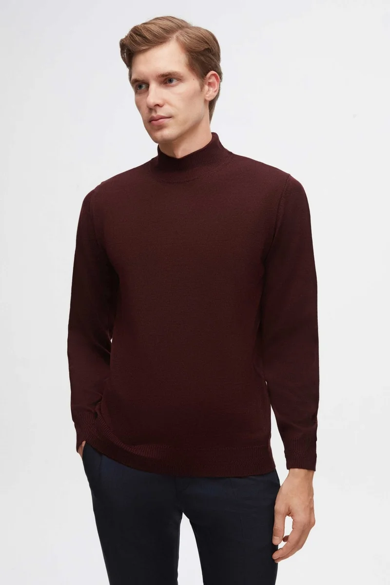 D'S DAMAT D'S Groom Ds Groom Regular Fit Claret Red Plain Knit Half Turtleneck Wool Knitwear Sweater