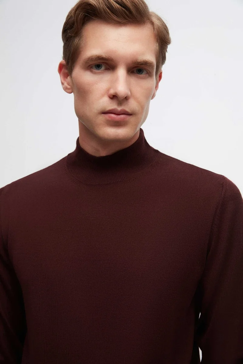 D'S DAMAT D'S Groom Ds Groom Regular Fit Claret Red Plain Knit Half Turtleneck Wool Knitwear Sweater