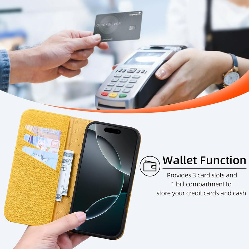 VISOUL Genuine Leather Wallet Case for iPhone 17 6.3-inch 5G 2025, RFID Blocking, Magnetic, Wireless Charging, 3 Card Holders, Kickstand, Shockproof TPU Shell, Protective-Jewel Blue+Yellow - Image 3
