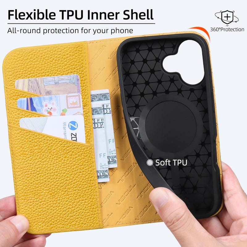 VISOUL Genuine Leather Wallet Case for iPhone 17 6.3-inch 5G 2025, RFID Blocking, Magnetic, Wireless Charging, 3 Card Holders, Kickstand, Shockproof TPU Shell, Protective-Jewel Blue+Yellow - Image 4