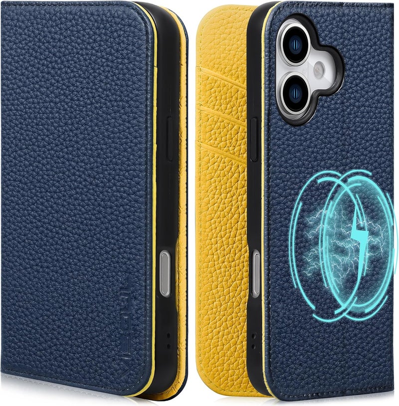 VISOUL Genuine Leather Wallet Case for iPhone 17 6.3-inch 5G 2025, RFID Blocking, Magnetic, Wireless Charging, 3 Card Holders, Kickstand, Shockproof TPU Shell, Protective-Jewel Blue+Yellow - Image 1