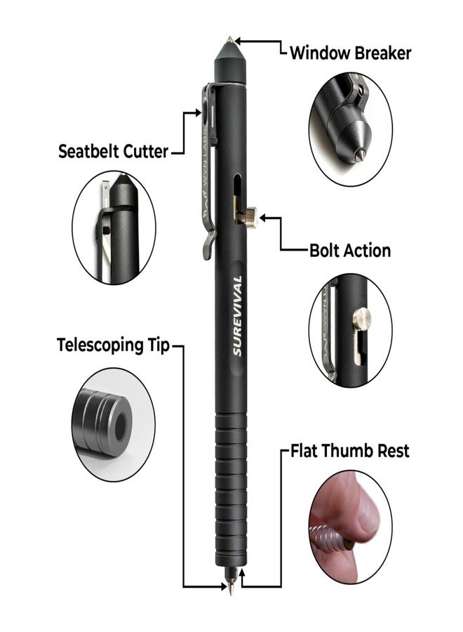WYN LABS Surevival Pen - Tactical Survival Pen with Seatbelt Cutter, Tungsten Window Breaker, Telescoping Tip, Bolt-Action Mechanism for Military, Law Enforcement, Self-Defense, Emergency Rescue (Black) - Image 2