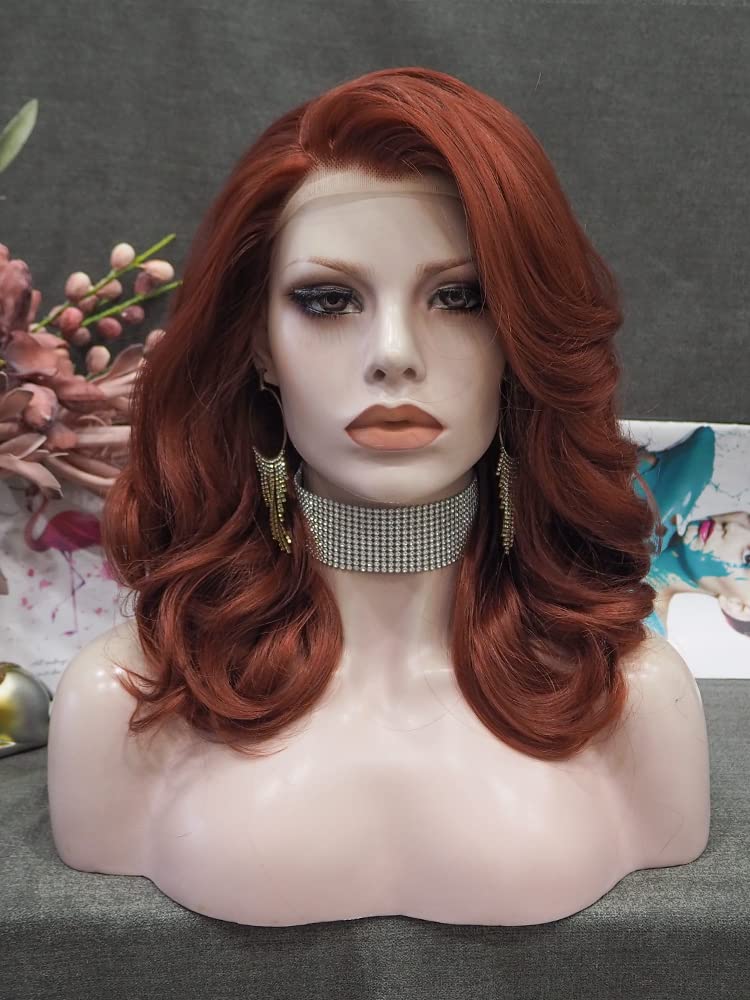 IMSTYLE Auburn Bob Wavy Lace Front Wigs Black Widow Short Copper Red Synthetic Wigs Heat Resistant Hair Natural Hairline with Glueless Wig for Cosplay Copper Red