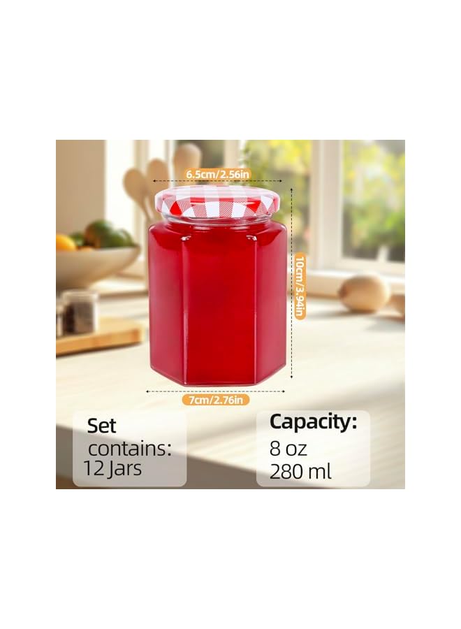 The Bros 12Pack 8oz Hexagon Glass Jars with Airtight Red Gingham Lids, Small Canning Jars for Jam, Honey, Pickling, Preserving, Spice Storage, DIY Candle Making & Party Favors - Image 2