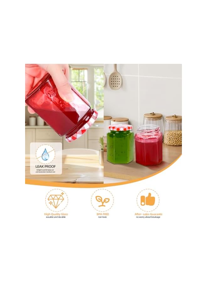 The Bros 12Pack 8oz Hexagon Glass Jars with Airtight Red Gingham Lids, Small Canning Jars for Jam, Honey, Pickling, Preserving, Spice Storage, DIY Candle Making & Party Favors - Image 4