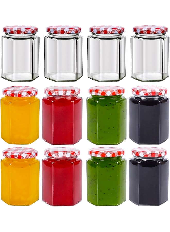 The Bros 12Pack 8oz Hexagon Glass Jars with Airtight Red Gingham Lids, Small Canning Jars for Jam, Honey, Pickling, Preserving, Spice Storage, DIY Candle Making & Party Favors - Image 1