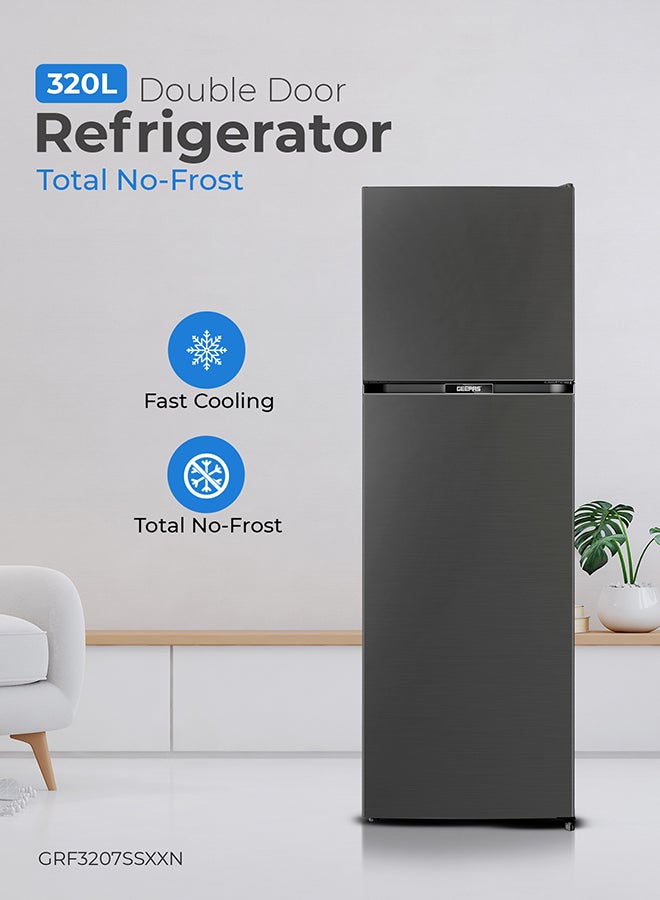 GEEPAS 320L Gross / 251L Net Capacity, No Frost Double Door Free Standing Refrigerator With Multi air Flow, Twist Ice Maker, Temperature Control, Stainless Steel Finish, Glass Shelves, Fridge - 198L/Freezer- 53L capacity 360 L GRF3207SSXXN Grey - Image 4