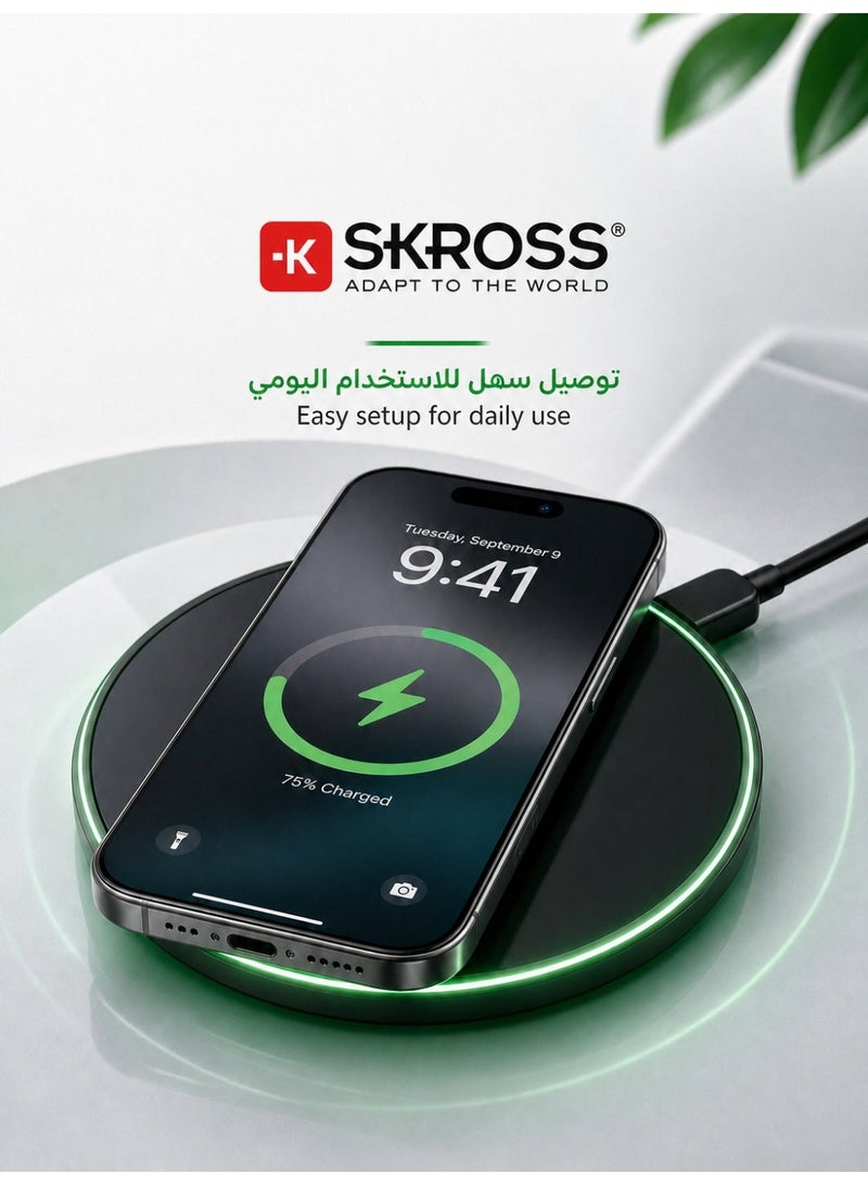سكروس شاحن لاسلكي من SKROSS - قاعدة شحن سريع معتمدة بمعيار Qi، تدعم الوضع في أي اتجاه (360 درجة) وتتميز بنظام حماية وأمان شامل (10 نقاط) - صناعة سويسرية - إضاءة RGB - Image 1