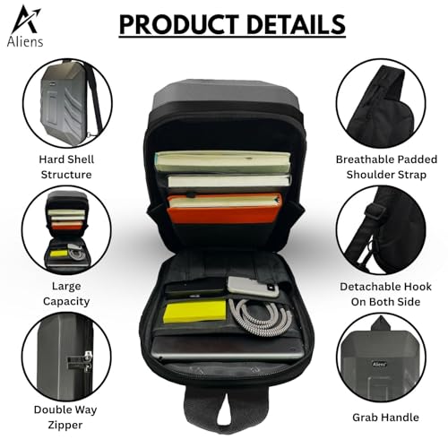 Aliens ABS Hard Shell Sling Bag | 180° Open Crossbody & One Side Shoulder Bag for Mens & Women, Office, Travel & Everyday Mini Backpack for iPad, Tablet, Smartphone,Charger,Headphone,HDD,Camera–Grey - Image 2