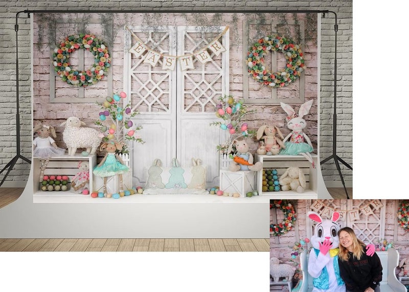 Kate 7x5ft Spring Happy Easter Day Photography Backdrops Colorful Eggs Cute Rabbit Toy Photographic Background Retro Gray Wall White Door Baby Shower Newborn Shooting Backdrop - Image 1