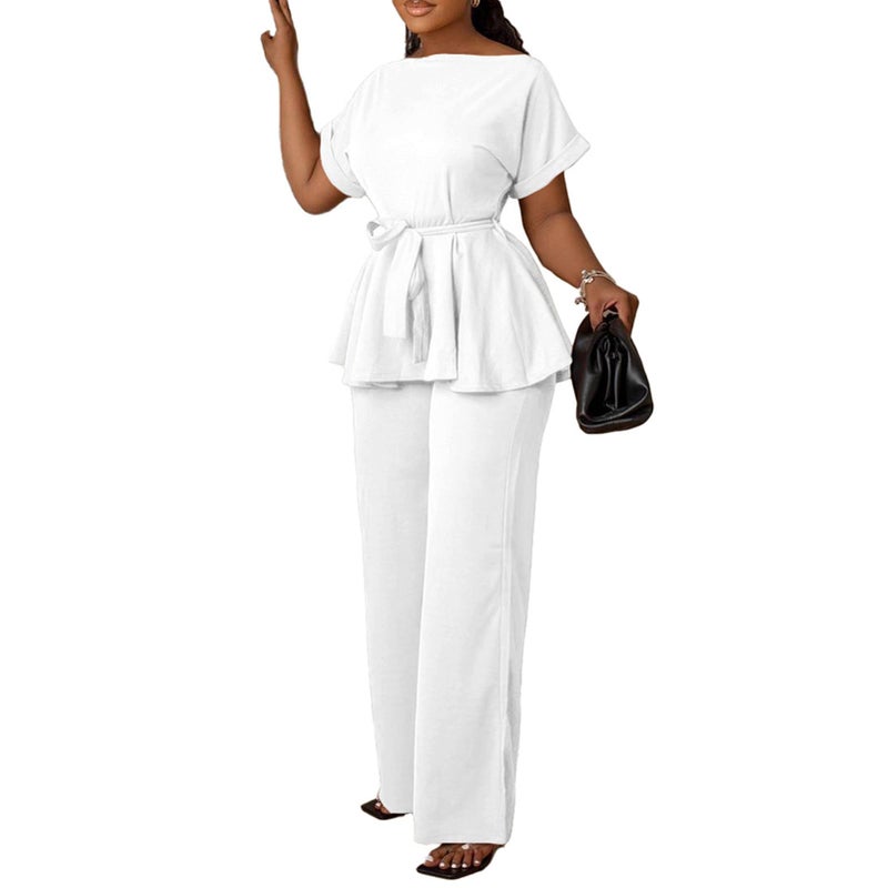 Ekaliy Women Two Piece Outfits Pants Suit Sets Peplum Pullover Tops Long Flared Pants Sets White XXL - Image 1