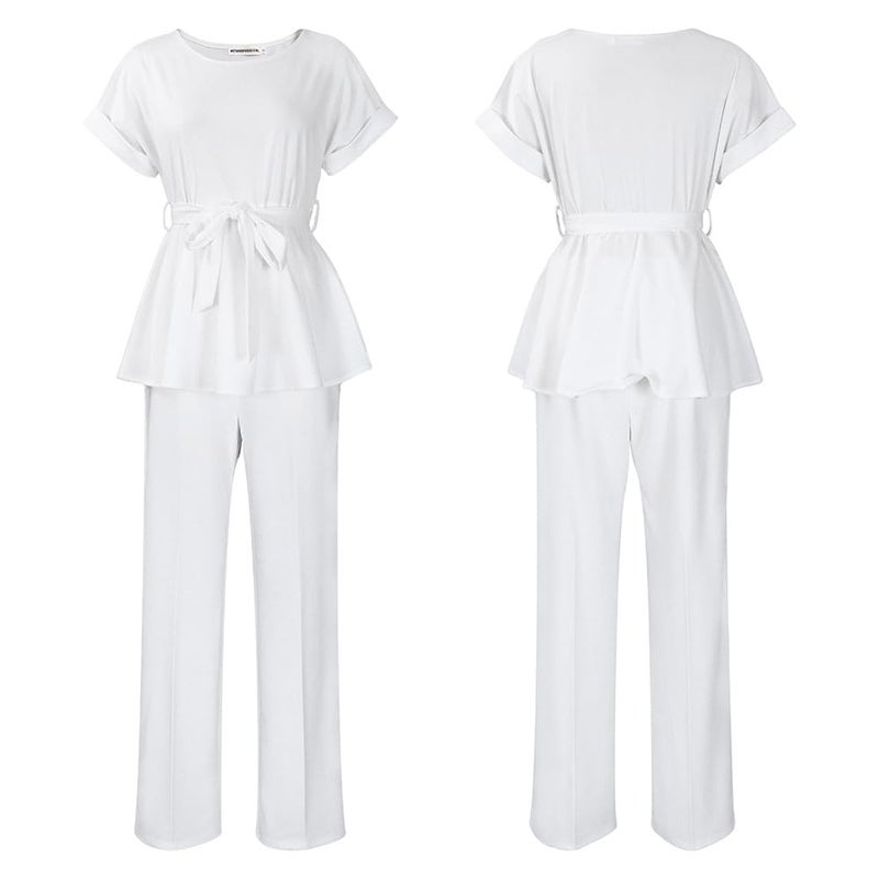 Ekaliy Women Two Piece Outfits Pants Suit Sets Peplum Pullover Tops Long Flared Pants Sets White XXL - Image 5