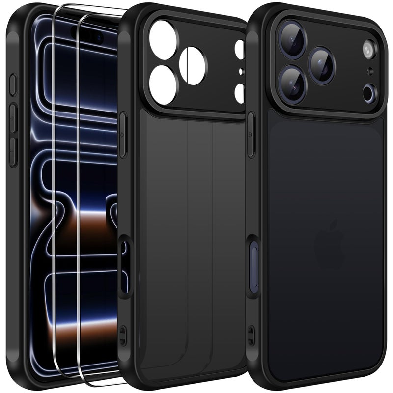 ivoler 3-in-1 Case for iPhone 17 Pro Max 6.9" 2025 with 2 Pack Tempered Glass Screen Protector [Military Grade Protection], Frosted Translucent Back for iPhone 17 Pro Max Cover- Black - Image 1