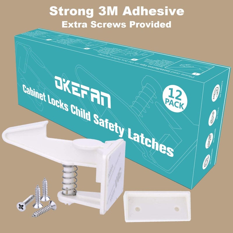 OKEFAN Cabinet Locks Child Safety Latches - OKEFAN 12 Pack Baby Proofing Cabinets Drawer Lock Adhesive Latch for Kids Proof Drawers No Drilling Tools Needed (White) - Image 2
