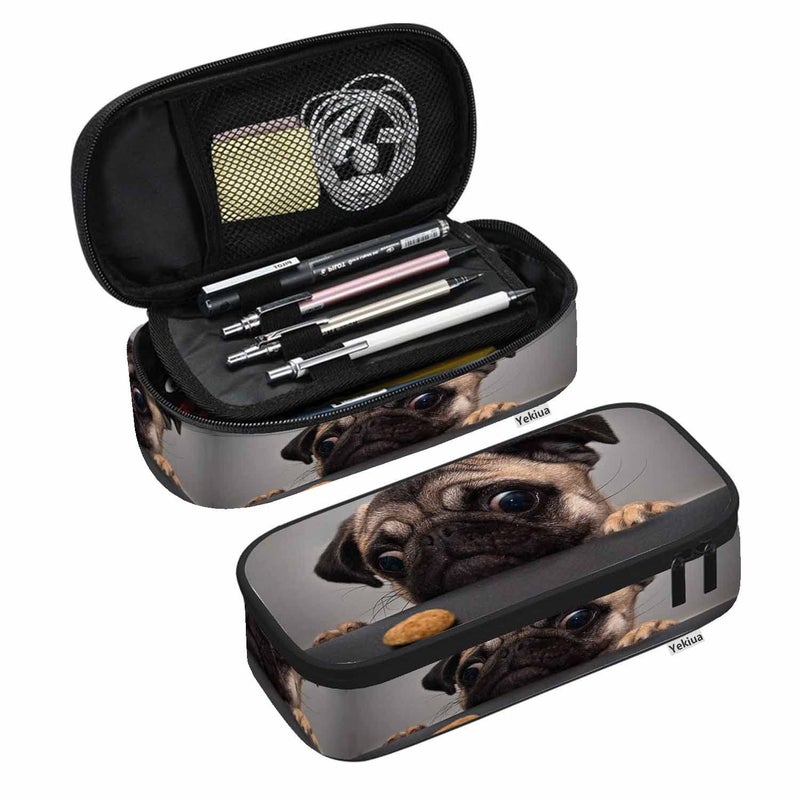 Yekiua Pug Dog Pencil Holder Cute Sad Dog Looks Cookie Big Capacity Pencil Case MultiPurpose Makeup Pouch For Office College Adult