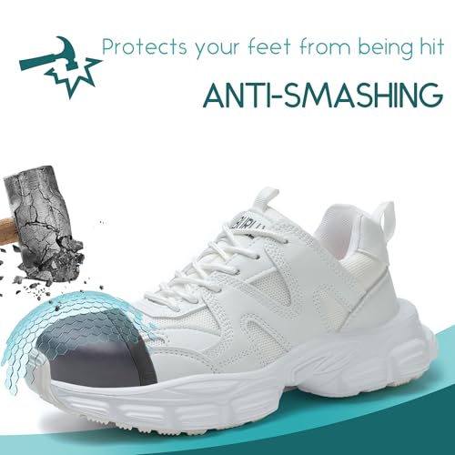 COOU Steel Toe Sneakers for Women Safety Shoes Lightweight Comfortable Thickened Sole Puncture Proof Steel Toe Work Shoes Women Size 6.5 White - Image 5