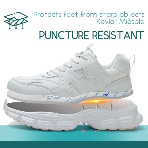 COOU Steel Toe Sneakers for Women Safety Shoes Lightweight Comfortable Thickened Sole Puncture Proof Steel Toe Work Shoes Women Size 6.5 White - Image 4
