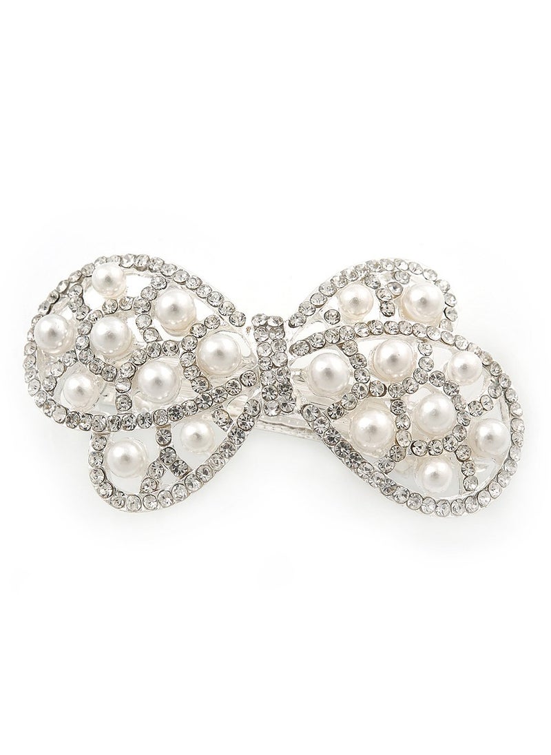 Avalaya Bridal Wedding Prom Silver Tone Simulated Pearl Diamante Bow Barrette Hair Clip Grip  65mm Acros 