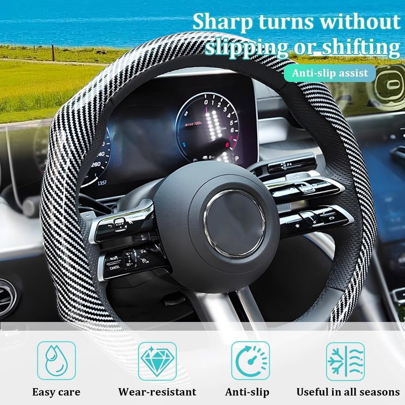 Sandfren Carbon Fiber Car Steering Wheel Cover, Non-Slip Comfortable Vehicle Steering Protector, Automotive Interior Wheel Wrap Cover Decoration Accessories, Universal Fit (Silver) - Image 3