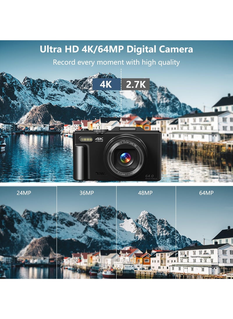 أسيف - كاميرا رقمية صغيرة بتصميم كلاسيكي بدقة 64 ميجابكسل – تدعم تصوير 4K UHD، شاشة قابلة للقلب بزاوية 180°， تكبير رقمي 18x، وتشمل بطاقة ذاكرة 32GB، كاميرا لاسلكية مثالية لتصوير فيديوهات اليوتيوب (أسود) - Image 1