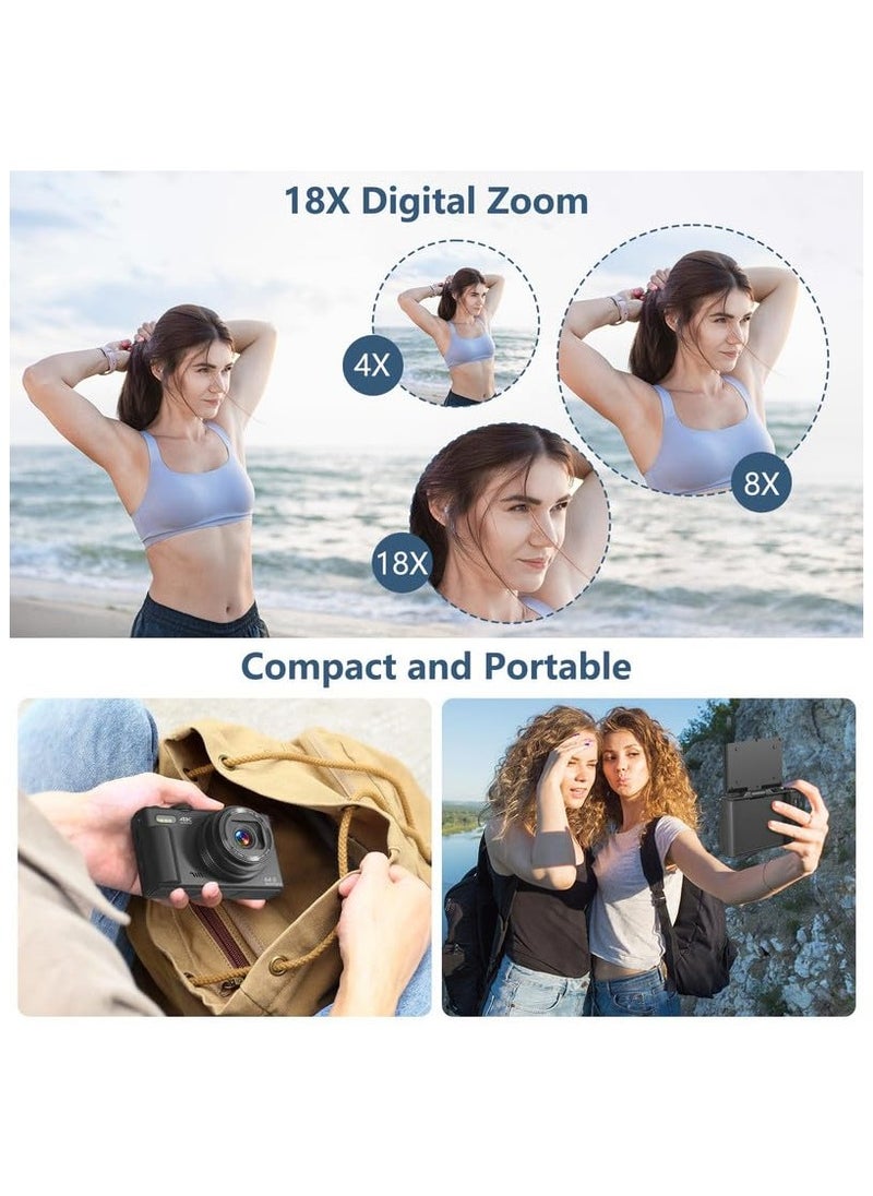أسيف - كاميرا رقمية صغيرة بتصميم كلاسيكي بدقة 64 ميجابكسل – تدعم تصوير 4K UHD، شاشة قابلة للقلب بزاوية 180°， تكبير رقمي 18x، وتشمل بطاقة ذاكرة 32GB، كاميرا لاسلكية مثالية لتصوير فيديوهات اليوتيوب (أسود) - Image 1