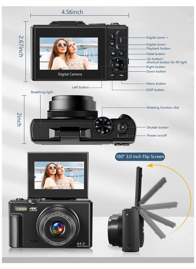أسيف - كاميرا رقمية صغيرة بتصميم كلاسيكي بدقة 64 ميجابكسل – تدعم تصوير 4K UHD، شاشة قابلة للقلب بزاوية 180°， تكبير رقمي 18x، وتشمل بطاقة ذاكرة 32GB، كاميرا لاسلكية مثالية لتصوير فيديوهات اليوتيوب (أسود) - Image 1