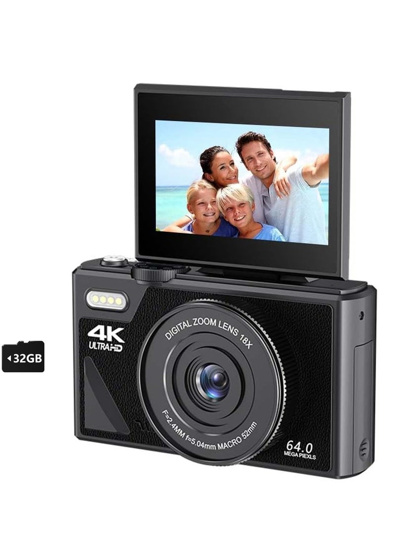 ASIV Compact Retro 64MP Digital Camera – 4K UHD Video Recording, 180° Flip Screen, 18x Digital Zoom, Includes 32GB TF Card, Wireless Camera for YouTube Vlogging (Black)  - Image 1