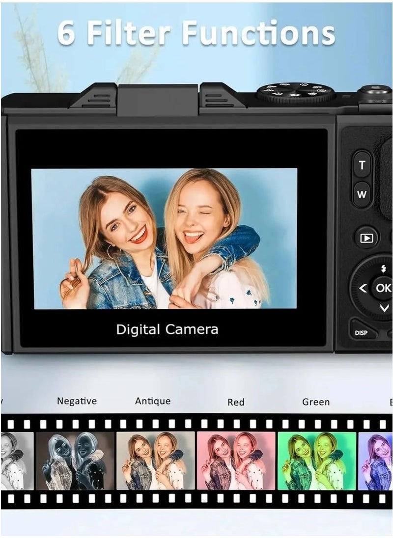 Compact Retro 64MP Digital Camera – 4K UHD Video Recording, 180° Flip Screen, 18x Digital Zoom, Includes 32GB TF Card, Wireless Camera for YouTube Vlogging (Black)