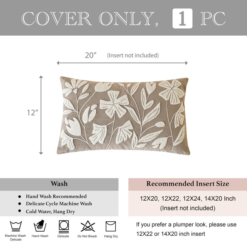 BlissBlush 12x20 Lumbar Pillow Cover, Rectangular Taupe Decorative Throw Pillowcase for Couch Sofa, Embroidered Velvet Farmhouse Accent Cushion (Cover Only) - Image 5