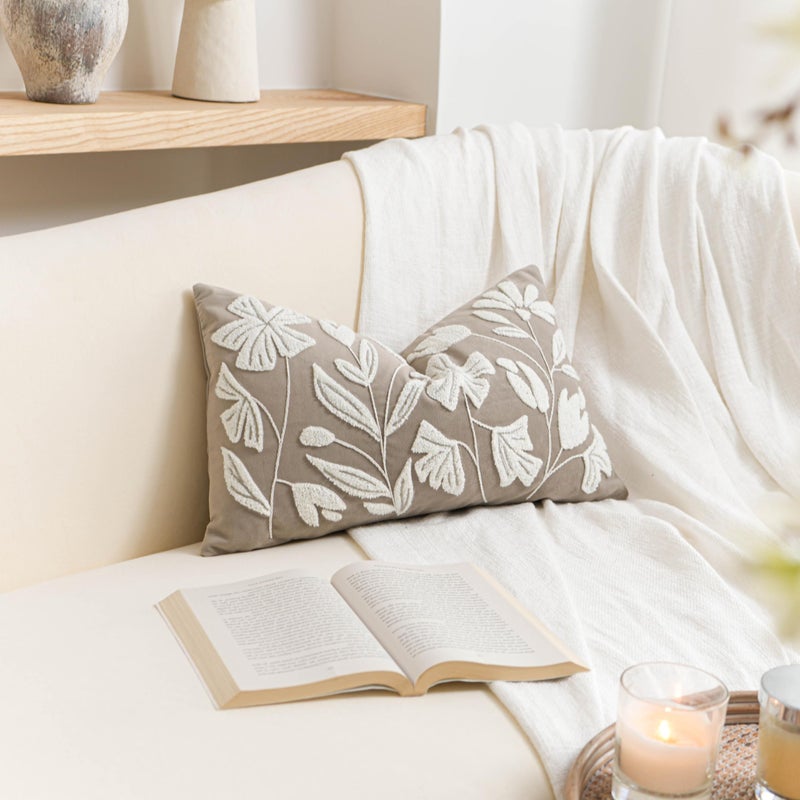BlissBlush 12x20 Lumbar Pillow Cover, Rectangular Taupe Decorative Throw Pillowcase for Couch Sofa, Embroidered Velvet Farmhouse Accent Cushion (Cover Only) - Image 4