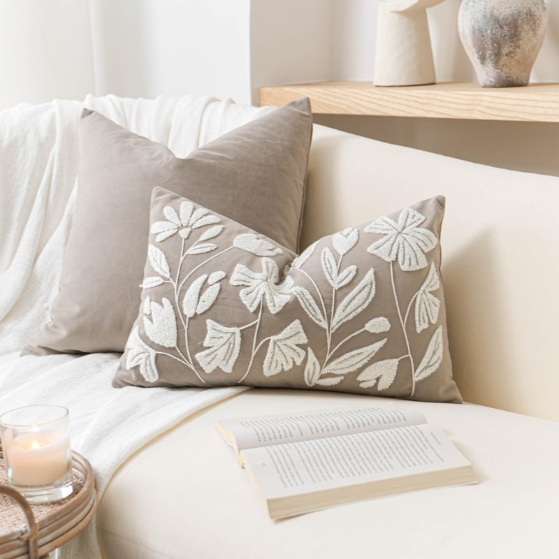 BlissBlush 12x20 Lumbar Pillow Cover, Rectangular Taupe Decorative Throw Pillowcase for Couch Sofa, Embroidered Velvet Farmhouse Accent Cushion (Cover Only) - Image 1