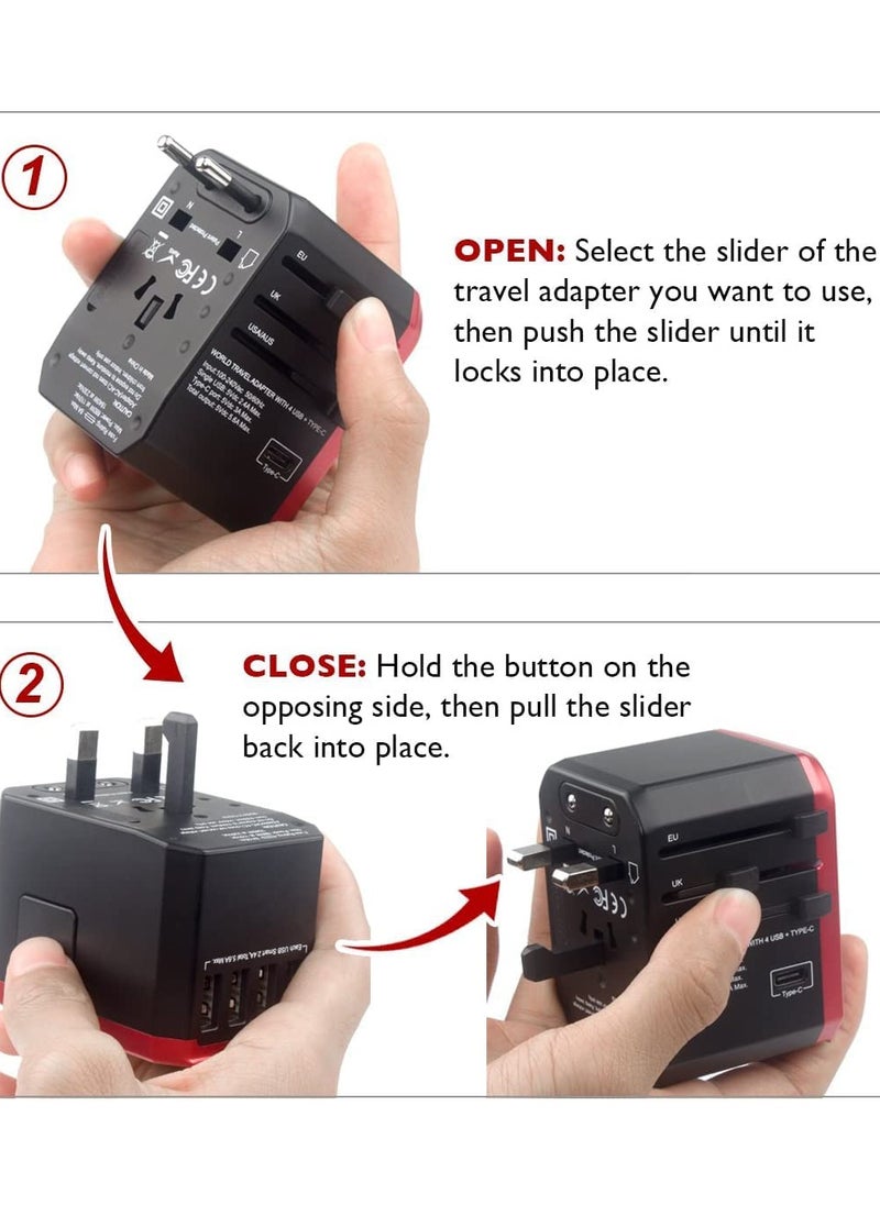 Generic Universal Travel Adapter One International Wall Charger AC Plug Adaptor with 5.6A Smart Power and 3.0A USB Type-C for USA EU UK AUS Red  - Image 5