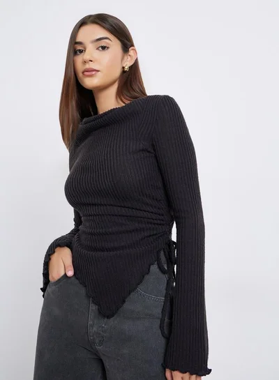 Styli Black Ribbed Tie-Side Long Sleeve Top