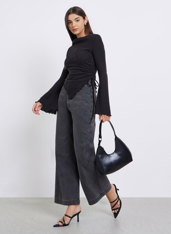 ستايلي بلوزة أسود مضلع بأكمام طويلة مع رباط جانبي - Image 2